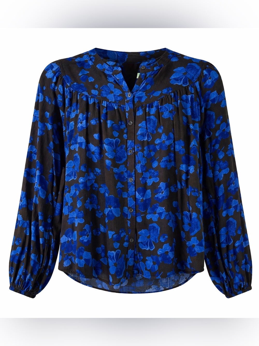 A New Day Cobalt Blue and Black Floral Peasant Blouse Balloon Sleeve Small